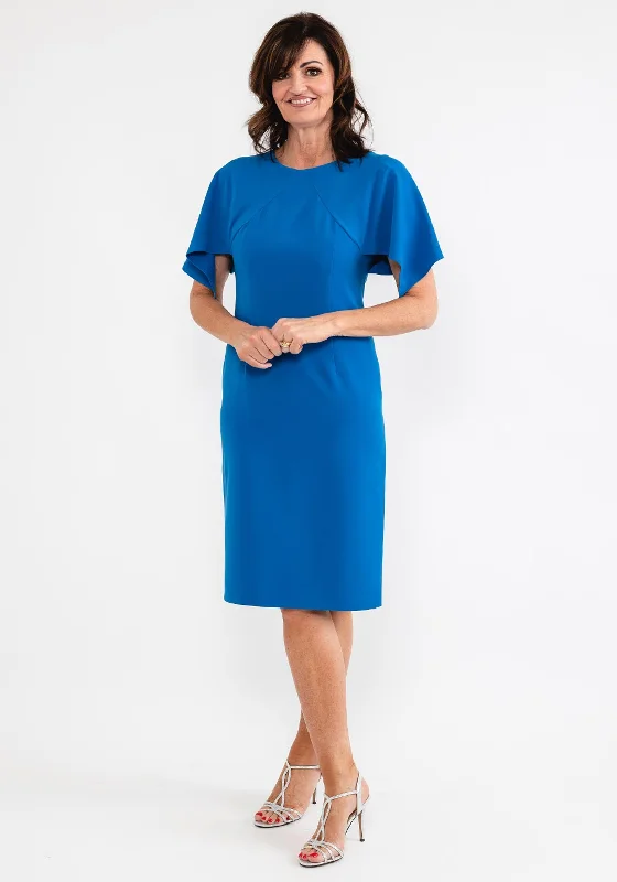 Off-the-shoulder dress – Dress with sleeves or straps that sit below the shoulders, exposing the upper arms.Ella Boo Cape Sleeve Pencil Midi Dress, Blue