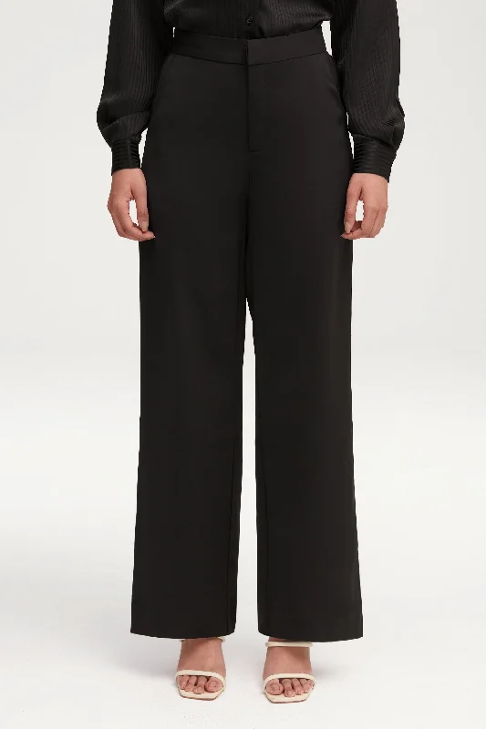 Flared trousers – Trousers with a gradual flare from the knee down, often associated with retro or 1970s fashion.Essential Wide Leg Pants - Black