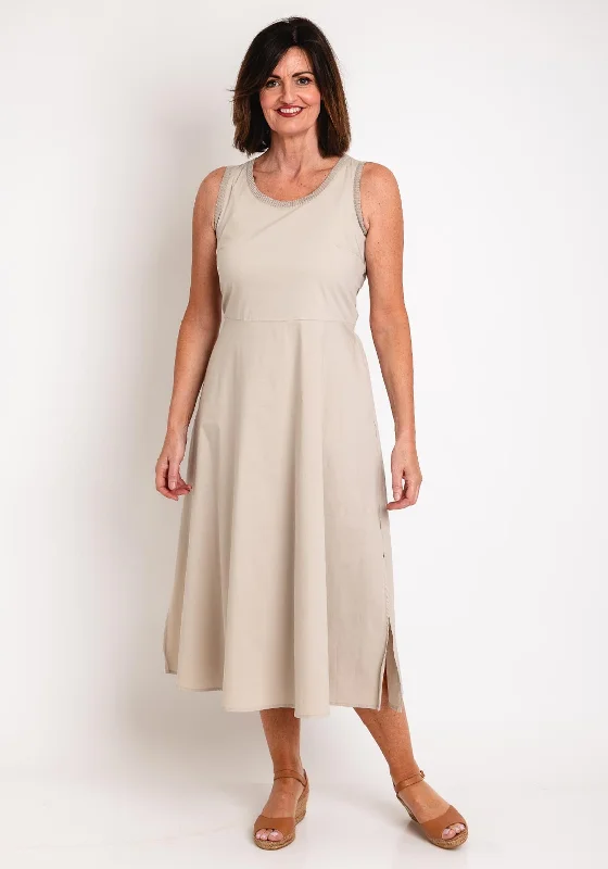 Slip dress – Simple, silky dress with spaghetti straps, resembling a slip, often worn casually or for evening wear.Eva Kayan Ribbed Cotton Ribbed Trim Midi Dress, Beige