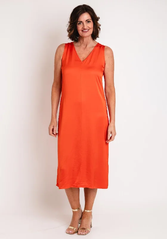 Halterneck dress – Dress with straps that tie around the neck, leaving the shoulders and back exposed.Eva Kayan Satin Ruched Midi Dress, Orange