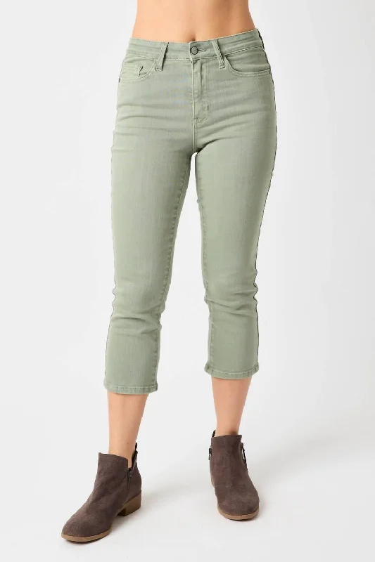 Flared trousers – Trousers with a gradual flare from the knee down, often associated with retro or 1970s fashion.Garment Dyed Capri Pants In Sage