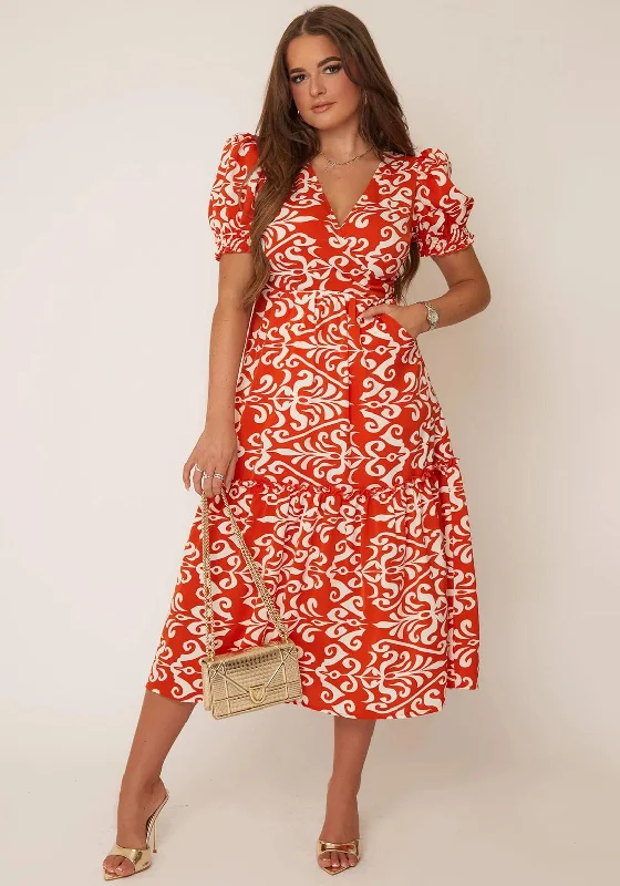 Cocktail dress – Dress typically worn for semi-formal events, often knee-length or slightly above.Girl In Mind Maya Print Tiered Midi Dress, Rust