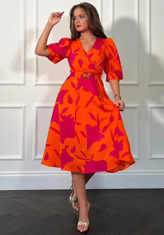 Off-the-shoulder dress – Dress with sleeves or straps that sit below the shoulders, exposing the upper arms.Girl In Mind Nadine Wrap Midi Dress, Pink & Orange