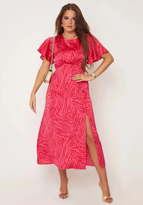 Off-the-shoulder dress – Dress with sleeves or straps that sit below the shoulders, exposing the upper arms.Girl In Mind Serena Zebra Print Midi Dress, Pink