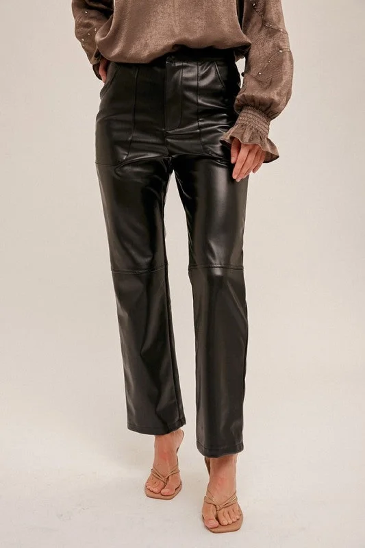 Booty-lifting trousers – Trousers designed with specific stitching or structure to enhance the shape of the rear.Girls Night Faux Leather Straight Leg Pants