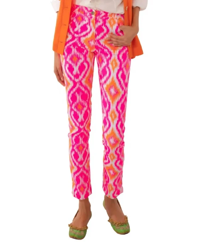 High-waisted trousers – Trousers that sit above the waistline for a flattering, elongating look.Gripeless Cotton Spandex Jeans - Kitt Ikat In Pink