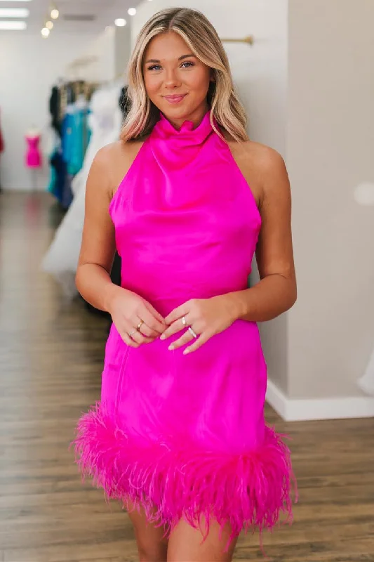 Lace dress – Dress made with lace fabric, often delicate and romantic, suitable for special occasions.High Neck Fuchsia Short Homecoming Dress with Feather Hem