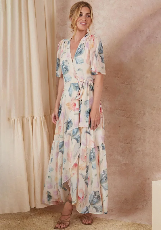 Midi dress – Dress that falls to the mid-calf, giving a balanced, modest, yet stylish appearance.Hope & Ivy Carin Floral Wrap Maxi Dress, Cream Multi