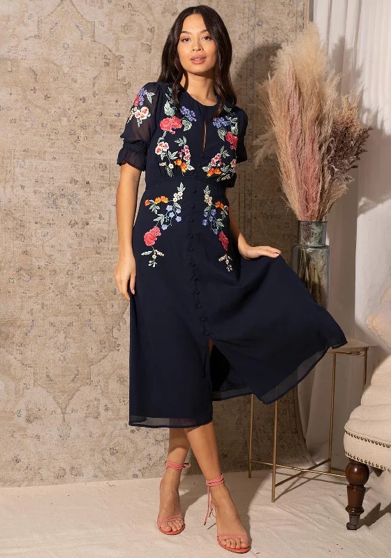 Ball gown dress – Formal, full-skirted dress often worn for weddings, proms, or galas.Hope & Ivy Anais Floral Midi Dress, Navy