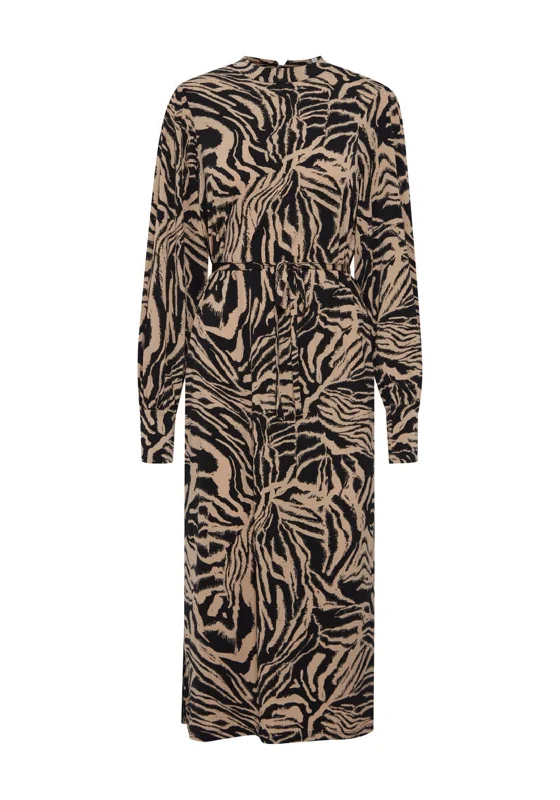 T-shirt dress – Casual dress made from T-shirt-like material, typically loose-fitting and comfortable.Ichi Animal Print A-Line Midi Dress, Tan & Black