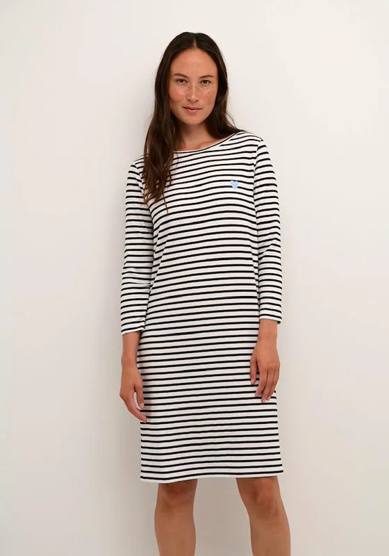 Slip dress – Simple, silky dress with spaghetti straps, resembling a slip, often worn casually or for evening wear.KAFFE Kaliddy Striped Knee Length Jersey Dress, Black & White