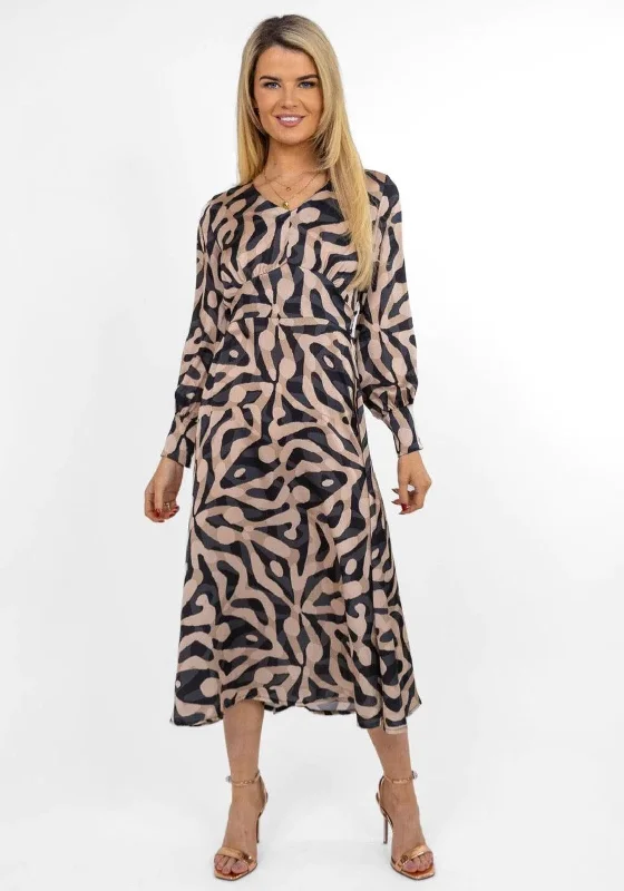 Belted dress – Dress with a belt or waist tie, offering definition and shaping at the waist.Kate & Pippa Birkin Satin Feel Print Midi Dress, Beige & Black