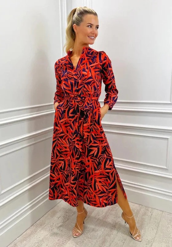 A-line dress – Dress that is fitted at the top and gradually flares out, creating an A-shape silhouette.Kate & Pippa Capri Shirt Midi Dress, Orange & Navy