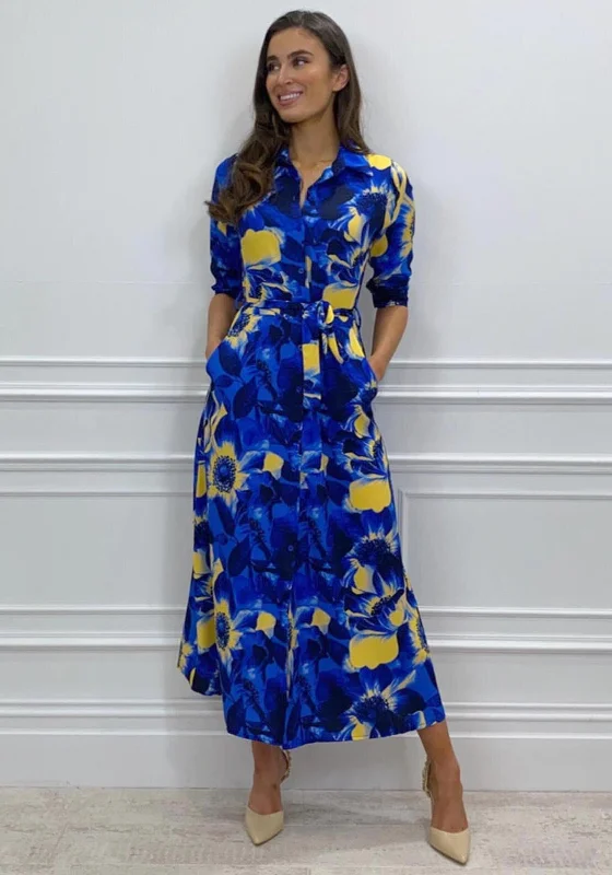 Bodycon dress – Tight-fitting dress that hugs the body and emphasizes curves.Kate & Pippa Luca Tropical Flower Maxi Shirt Dress, Royal Blue Multi