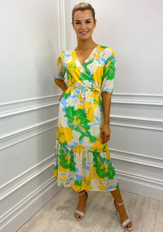 Maxi dress – Long dress that typically reaches the ankles or floor, offering a flowing and elegant look.Kate & Pippa Boho Panel End Printed Midi Dress, Yellow & Green