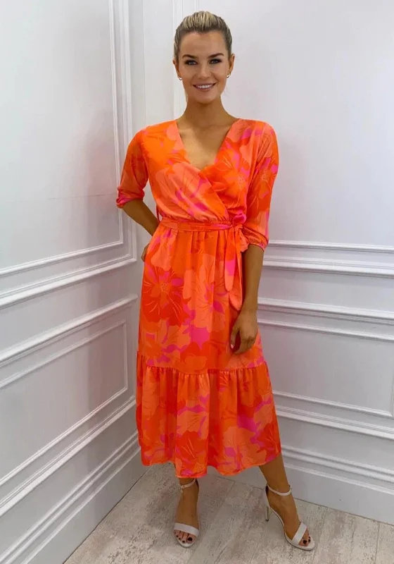 Belted dress – Dress with a belt or waist tie, offering definition and shaping at the waist.Kate & Pippa Boho Tropical Print Midi Dress, Orange & Pink