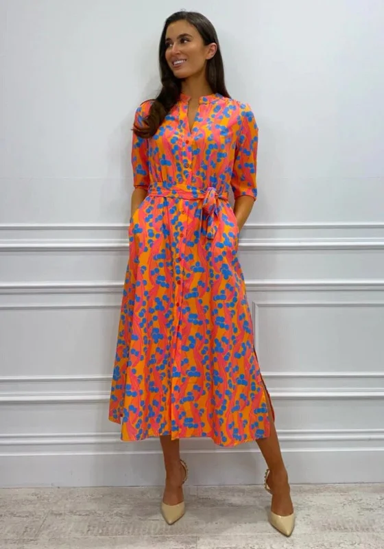 Sundress – Light, sleeveless dress typically worn in warm weather, often made from cotton or linen.Kate & Pippa Capri Swirl Dot Print Midi Dress, Orange Azure