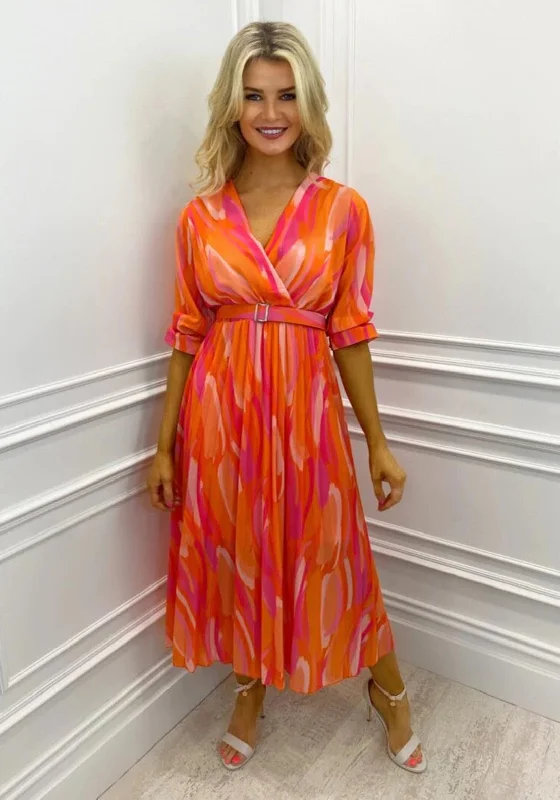 T-shirt dress – Casual dress made from T-shirt-like material, typically loose-fitting and comfortable.Kate & Pippa Positano Print Midi Dress, Orange & Pink