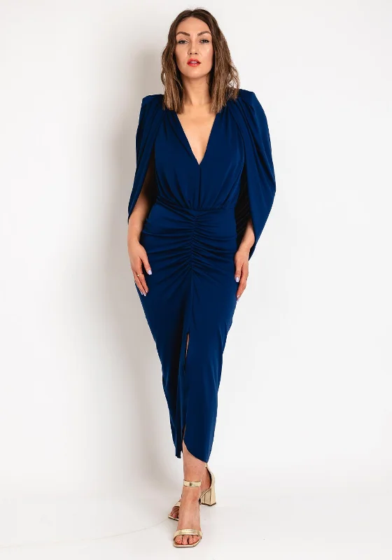 Belted dress – Dress with a belt or waist tie, offering definition and shaping at the waist.Kevan Jon Cho Cape Backlesss Dress, Navy