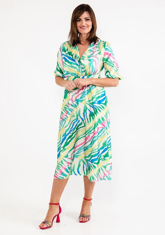 Belted dress – Dress with a belt or waist tie, offering definition and shaping at the waist.Seventy1 One Size Colourful Tiger Print Midi Dress, Green Multi