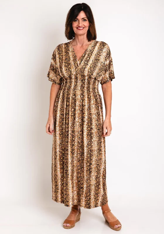 Off-the-shoulder dress – Dress with sleeves or straps that sit below the shoulders, exposing the upper arms.Serafina Collection One Size Reptile Print Maxi Dress, Brown Gold