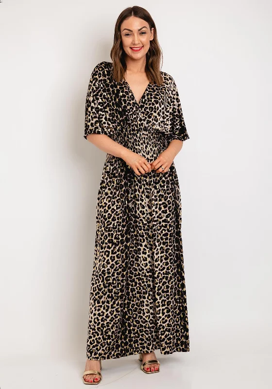 A-line dress – Dress that is fitted at the top and gradually flares out, creating an A-shape silhouette.Serafina Collection One Size Leopard Print Maxi Dress, Black & Gold