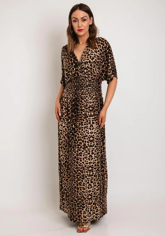 Corset dress – Dress designed with a built-in corset or lace-up feature to create a cinched, structured waist.Serafina Collection One Size Leopard Print Maxi Dress, Brown & Gold