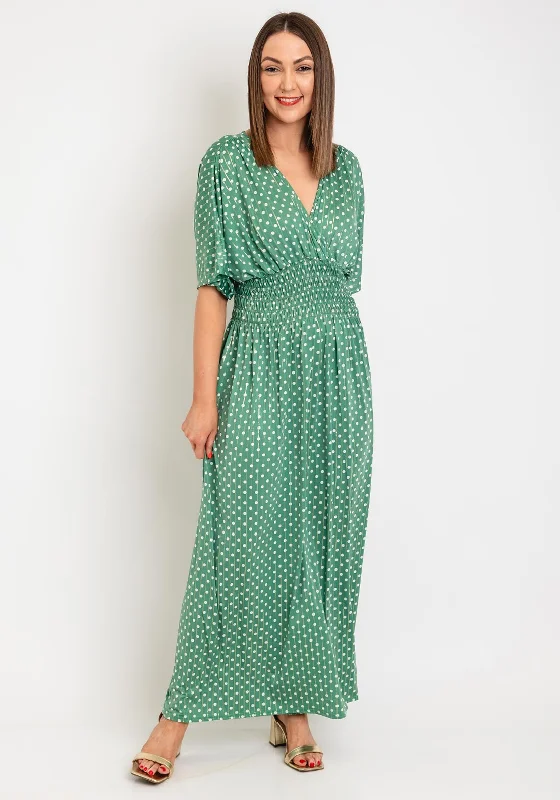 Lace dress – Dress made with lace fabric, often delicate and romantic, suitable for special occasions.Serafina Collection One Size Polka Dot Maxi Dress, Green