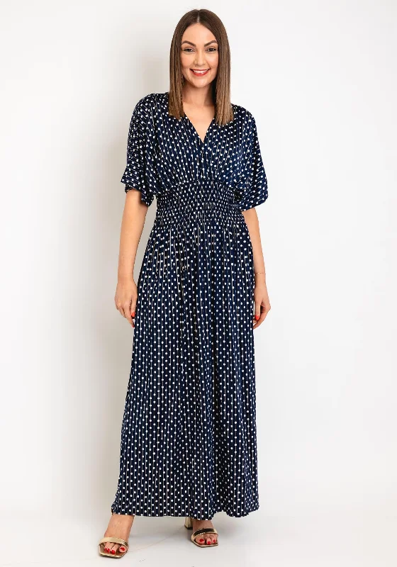 Sundress – Light, sleeveless dress typically worn in warm weather, often made from cotton or linen.Serafina Collection One Size Polka Dot Maxi Dress, Navy