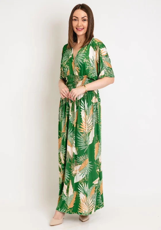 Cocktail dress – Dress typically worn for semi-formal events, often knee-length or slightly above.Serafina Collection One Size Leaf Print Maxi Dress, Green