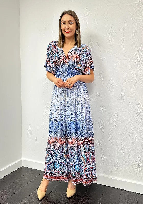 Belted dress – Dress with a belt or waist tie, offering definition and shaping at the waist.Serafina Collection One Size Paisley Maxi Dress, Blue