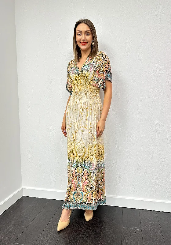 A-line dress – Dress that is fitted at the top and gradually flares out, creating an A-shape silhouette.Serafina Collection One Size Paisley Maxi Dress, Gold