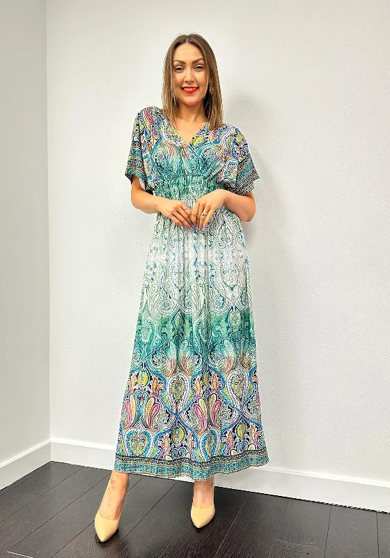 Wrap dress – Dress that wraps around the body and ties at the waist, creating a flattering and adjustable fit.Serafina Collection One Size Paisley Maxi Dress, Green