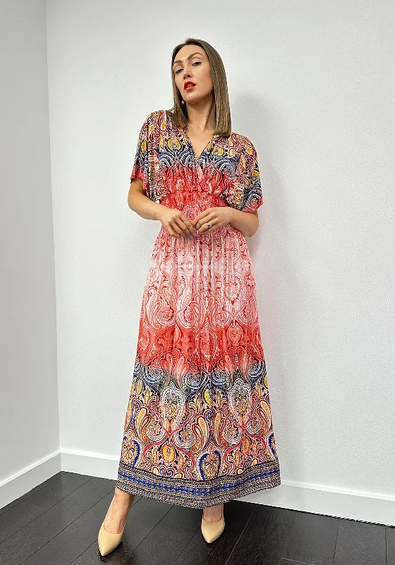 Halterneck dress – Dress with straps that tie around the neck, leaving the shoulders and back exposed.Serafina Collection One Size Paisley Maxi Dress, Red