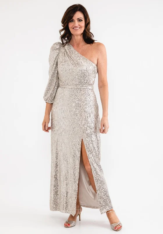 Bodycon dress – Tight-fitting dress that hugs the body and emphasizes curves.Laura Bernal One Shoulder Sequin Maxi Dress, Nude