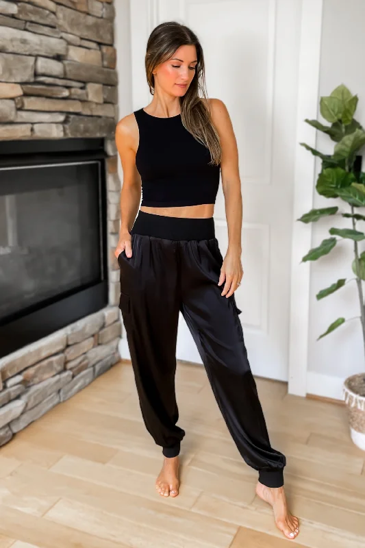 Paperbag waist trousers – Trousers with a gathered waistband, often cinched with a belt for added style.Level Up Satin Cargo Joggers - Black