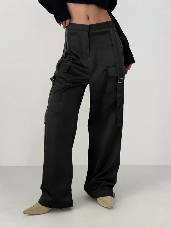 Slim-fit trousers – Trousers that are form-fitting and narrow through the legs.BerryBetty - Live It Up Satin Cargo Parachute Pants