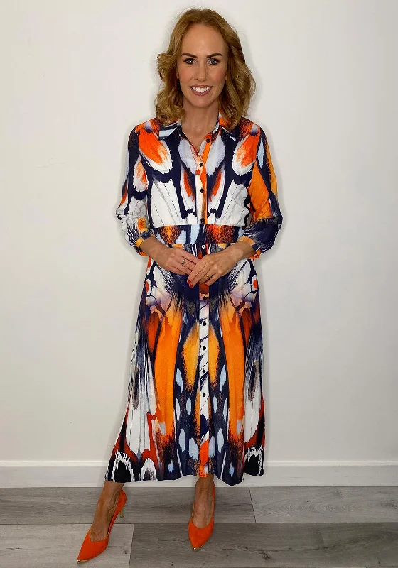 Midi dress – Dress that falls to the mid-calf, giving a balanced, modest, yet stylish appearance.Lizabella Chiffon Print Shirt Maxi Dress, Orange & Navy Multi