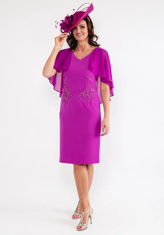 Corset dress – Dress designed with a built-in corset or lace-up feature to create a cinched, structured waist.Lizabella Chiffon Cape Sleeve Dress, Purple