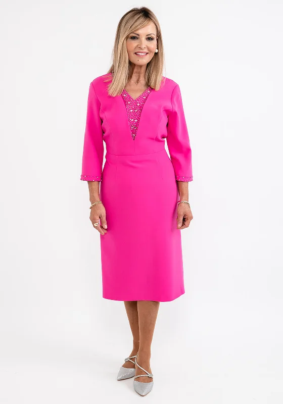 Belted dress – Dress with a belt or waist tie, offering definition and shaping at the waist.Lizabella Embellished Trim Pencil Dress, Hot Pink