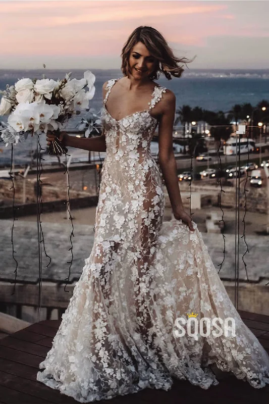 Shift dress – Loose, straight-cut dress that doesn't define the waist, offering a more relaxed fit.Luxury 3D Lace Sweetheart Mermaid Wedding Dress Rustic Wedding Gowns QW0891