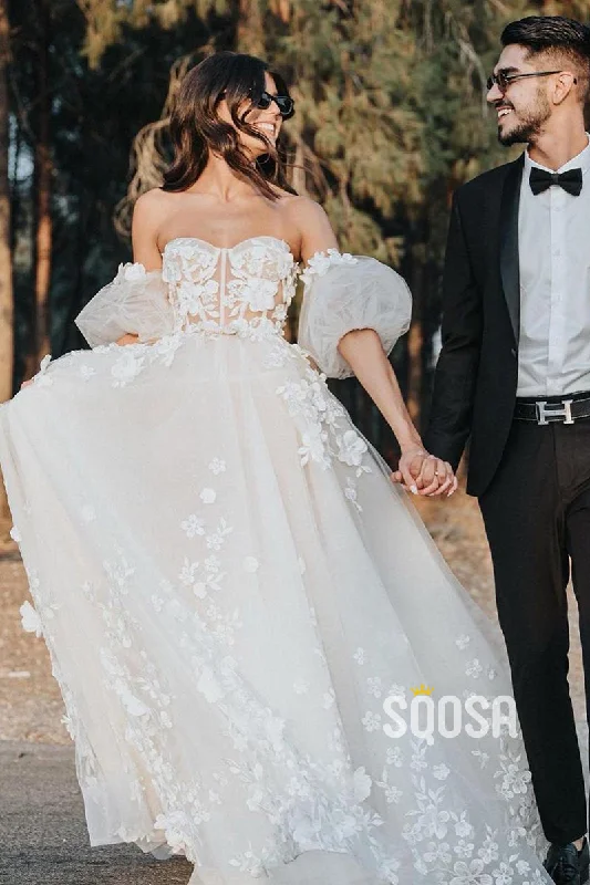 Ball gown dress – Formal, full-skirted dress often worn for weddings, proms, or galas.A-line Sweetheart Lace Appliques Rustic Wedding Dress with Sleeves QW2214