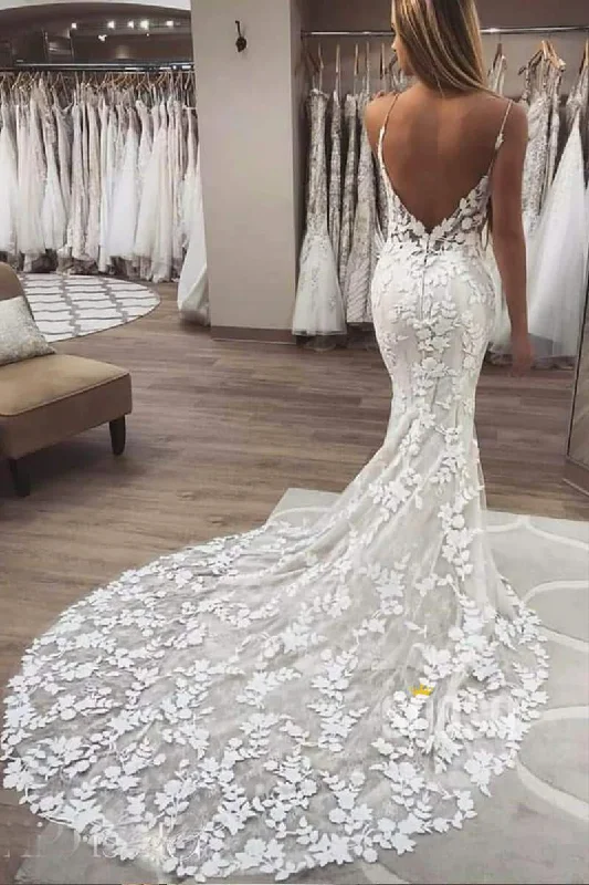 Maxi dress – Long dress that typically reaches the ankles or floor, offering a flowing and elegant look.Mermaid/Trumpet Wedding Dress Spaghetti Straps Luxury Lace Wedding Gowns QW2089