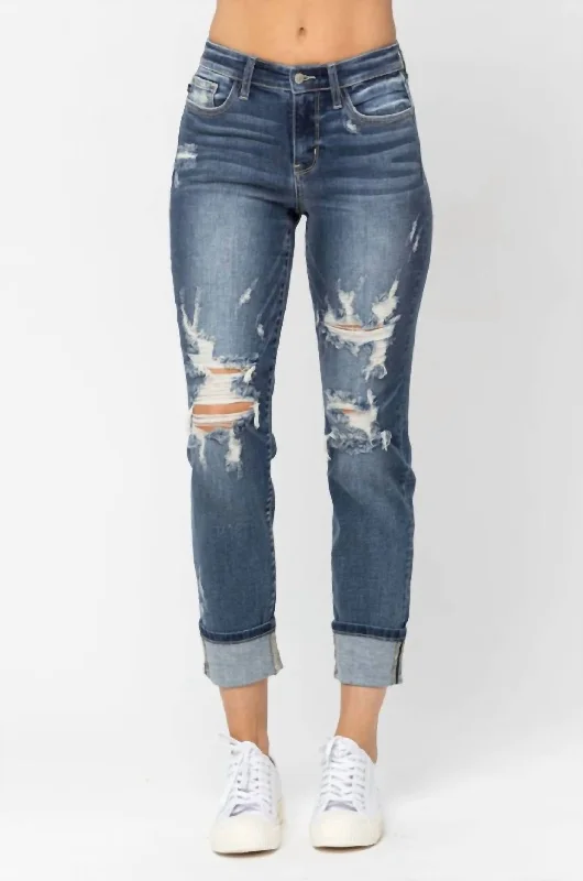 Tapered trousers – Trousers that narrow toward the ankle, creating a more fitted, streamlined look.Mid Rise Cuffed Destroy Boyfriend Jeans In Blue