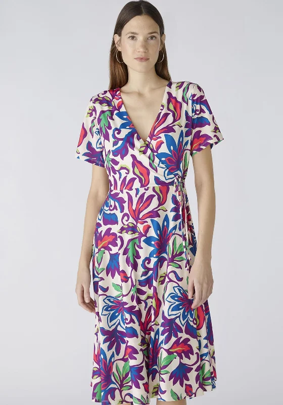 Midi dress – Dress that falls to the mid-calf, giving a balanced, modest, yet stylish appearance.Oui Vibrant Floral Jersey Wrap Dress, White Violet