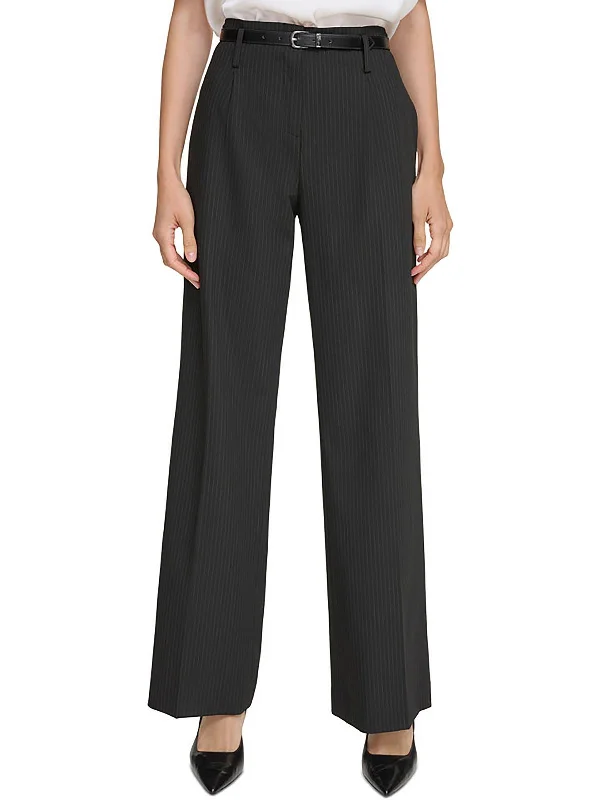 Houndstooth trousers – Trousers featuring the distinctive houndstooth pattern, typically in black and white or muted tones.Petites Womens Pinstripe Office Wide Leg Pants