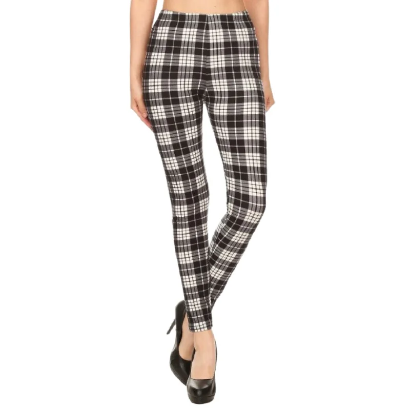 Athleisure trousers – Comfortable, performance-focused trousers that can be worn for both working out and casual wear.Plaid High Waisted Leggings In A Fitted Style, With An Elastic Waistband