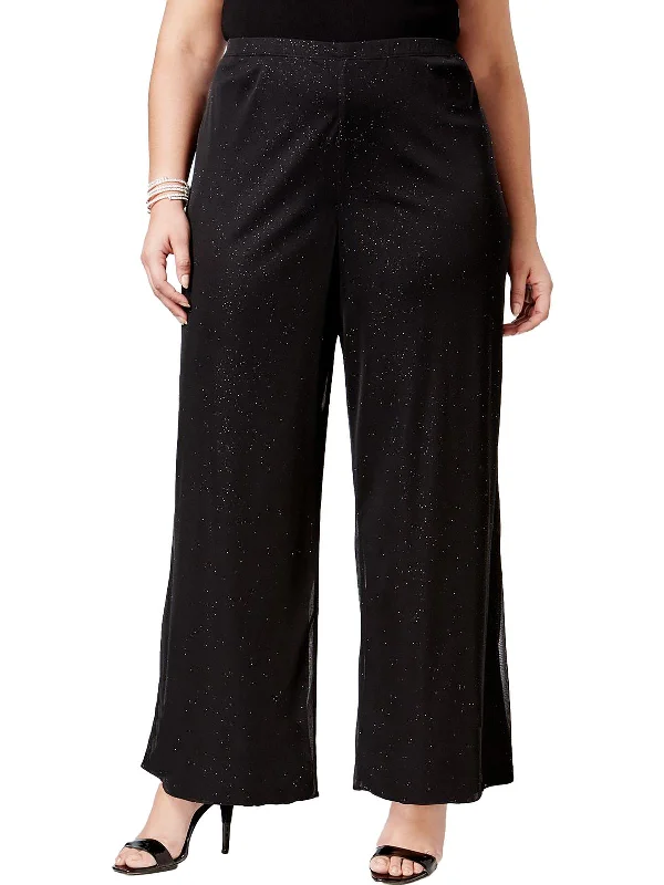 Athleisure trousers – Comfortable, performance-focused trousers that can be worn for both working out and casual wear.Plus Womens Sparkle Mesh Palazzo Pants