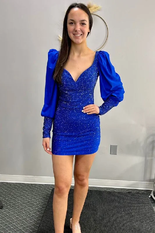 Midi dress – Dress that falls to the mid-calf, giving a balanced, modest, yet stylish appearance.Royal Blue Puff Long Sleeves Tight Homecoming Dress with Rhinestones