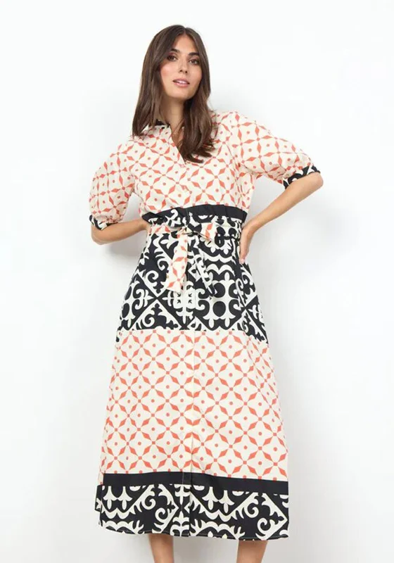 Shift dress – Loose, straight-cut dress that doesn't define the waist, offering a more relaxed fit.Soyaconcept Dinna Tie Waist Print Midi Dress, Coral